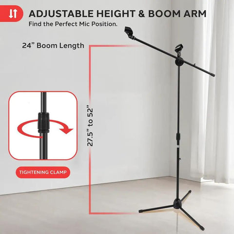 Pair Of Universal Adjustable Tripod Microphone Stands Heavy Duty Lightweight Stage Studio Boom Mic Holders With Carry Bag Five Eighths Inch Adapter Kit, showing adjustable height and boom arm.