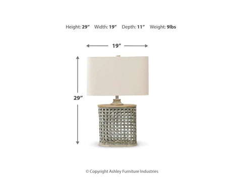 Deondra Contemporary 29 Inch Round Galvanized Metal Table Lamp Gray Finish With Wood Base dimensions displayed