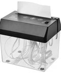 No Hassle Mini Paper Shredder With Built In Letter Opener Usb And Battery Powered Quiet Strip Cutter For A6 And Folded A4 Documents, clear bin with black top.