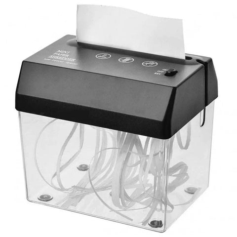 No Hassle Mini Paper Shredder With Built In Letter Opener Usb And Battery Powered Quiet Strip Cutter For A6 And Folded A4 Documents, clear bin with black top.