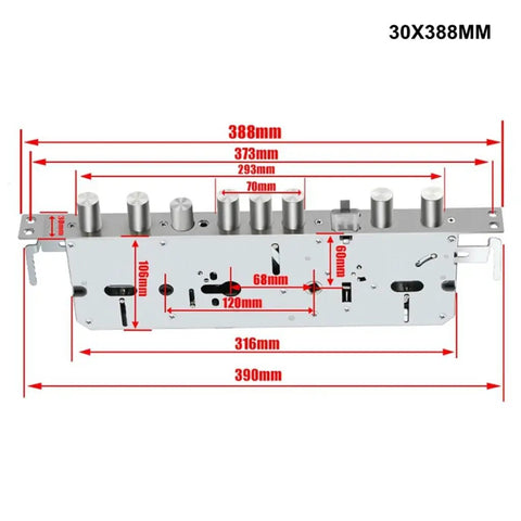 Hassle Free Top Shelf Smart Door Lock With Pretty Slick Fingerprint Scanner App Control Password Entry And Beefy Auto Deadbolt For Secure Modern Homes Easy Install 30x388mm steel locking mechanism with dimensions shown.