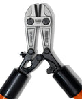 Close-up of jaws and handles of Heavy Duty Bolt Cutter With 18 Inch Fiberglass Handle And Center Cut Jaws For Soft To Hard Metals