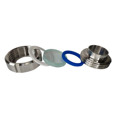 Six-piece 1-1/2-inch stainless steel weld union sight glass kit with PTFE gaskets and glass viewing disc