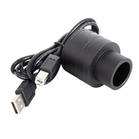 All-in-One Astronomy Eyepiece Camera With 2MP Telescope Imager in metal housing, shown with USB cable for connection to devices.