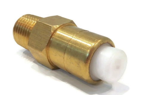 Thermal relief valve for pressure washer, brass body with white plastic actuator, close-up.