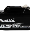 Side view of black 18V LXT Lithium Ion 3.0Ah Battery The Workhorse Power Pack With High Cycle Life Charge Anytime Self Discharge Resistant