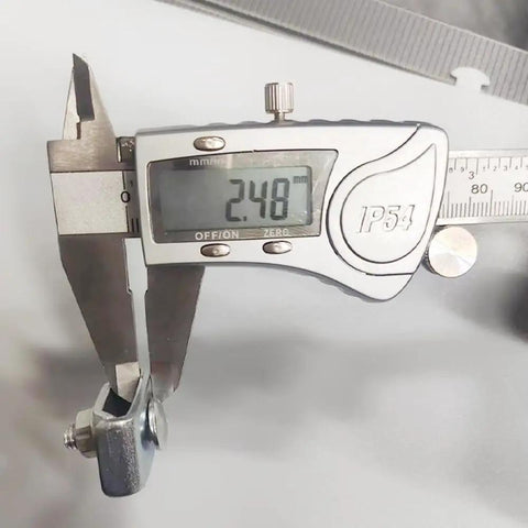 Digital caliper measuring 2.48 mm diameter on coupler from 50 Pack Wire Mesh Cable Tray Coupler Kit for Basket Cable Management