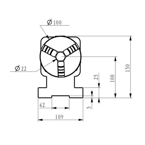 100Mm Center Height Cnc Rotary A Axis 4-Jaw Chuck technical drawing with dimensions for precise machining applications.