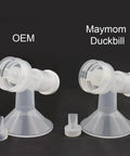 OEM and Maymom duckbill valve comparison for Ameda Mya Joy and Lansinoh Double Electric Pumps, clear reinforced construction.