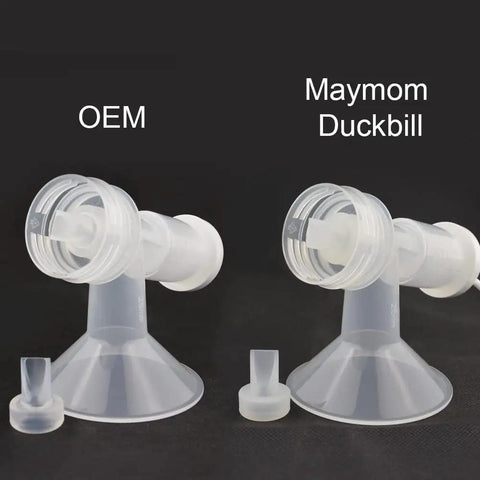 OEM and Maymom duckbill valve comparison for Ameda Mya Joy and Lansinoh Double Electric Pumps, clear reinforced construction.