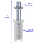Spring Loaded Bifold Door Top Pivot Set, PVC and stainless steel, dimensions labeled, for 1 1/8 to 1 3/8 inch doors.