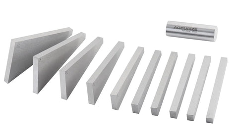 Ten-piece aluminum precision angle block set arranged diagonally with visible angle marks and Accusize label.