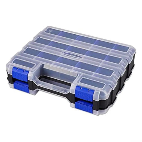 Double Sided Go To Tool Storage Box With 34 Adjustable Compartments And Removable Dividers In Yellow And Blue With Clear Lid