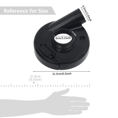 Universal 9 Inch Angle Grinder Cover With Heavy Duty Tough As Nails Debris Extraction Shroud size reference diagram.