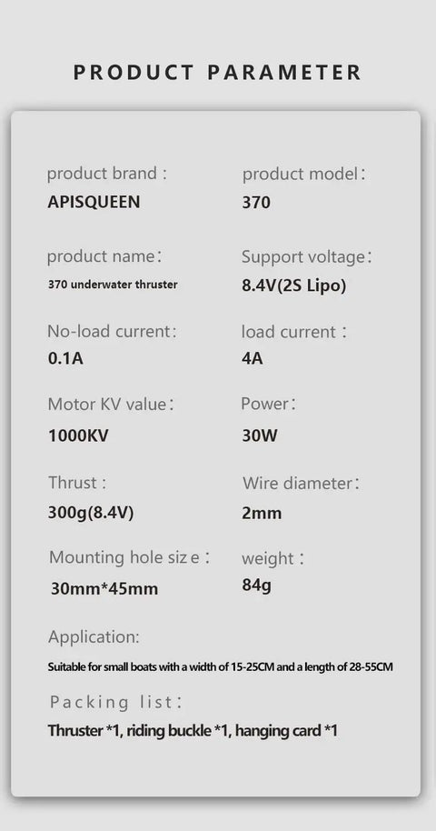 Product parameters for 2S LiPo 8.4V 22W BM70 Brushed Submarine Thruster Sealed Waterproof IP68, details of specs and dimensions.