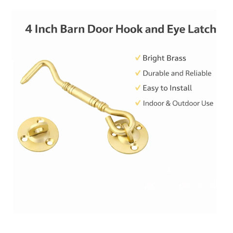 Beefy 4 Inch Satin Brass Hook And Eye Latch Heavy Duty Gate Latch with mounting hardware shown on white background