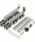Stainless Steel Door Latch Kit with 2 Wheel Rollers, 12 Hangers, beefed up cold rolled wood sliding closet hardware, no squeak quiet glide