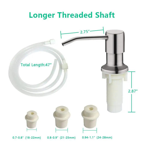 Brushed Nickel Built In Kitchen Soap Dispenser With 47 Inch Extension Tube Kit And Long Thread Shaft, Stainless Steel pump and tubes