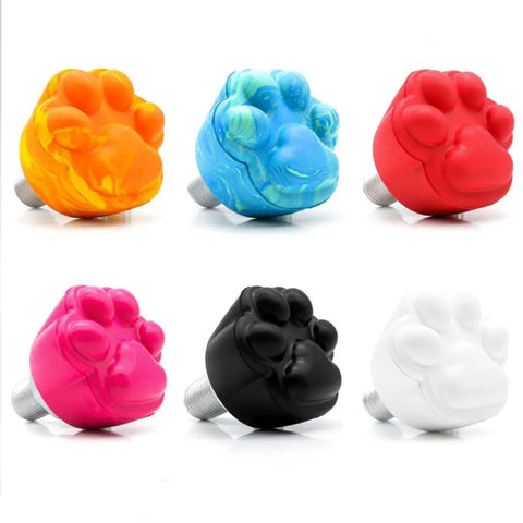 Two Pack Cat Paw Toe Stops For Quad Roller Skates 82A Rubber Brake Blocks colorful paw design, six colors displayed on white background.