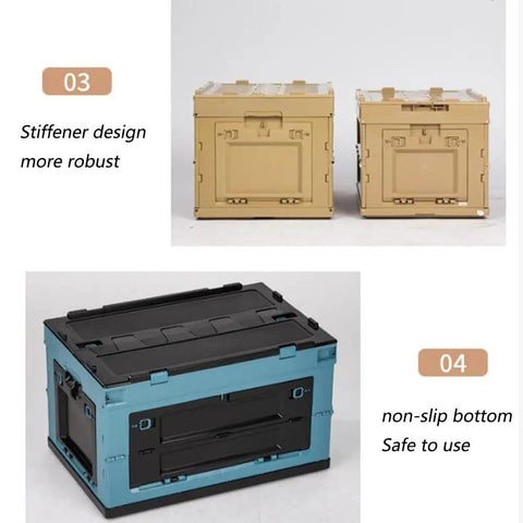Hella Big Folding Storage Bins With Secure Lid 65L Large Collapsible Truck Bed And Car Trunk Organizer crate showing side view and non-slip bottom.
