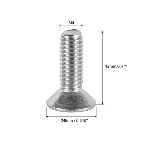 M4x12mm Flat Head Machine Screws With Phillips Drive 304 Stainless Steel Fasteners, showing screw dimensions.