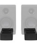 Tilted Wedge Desktop Speaker Stands Pair for Small Speakers, shown with 15 degree tilt, anti-vibration design, thermoplastic rubber base.