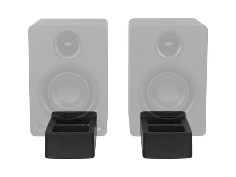 Tilted Wedge Desktop Speaker Stands Pair for Small Speakers, shown with 15 degree tilt, anti-vibration design, thermoplastic rubber base.