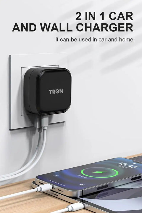 Game Changer 36W Fast Charger With Straight Up Dual Usb C And Universal Usb A Ports For Phones Tablets And Earbuds Compact Wall Car Adapter delivering power to devices.