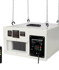 Heavy Duty Ceiling Air Filtration System With Remote Control Three Speed Dust Collector And Dual Stage Carbon Filter For Garage Workshop Air Scrubber Kicking Serious Sawdust And Shop Grit White Powerhouse mounted with remote control visible.