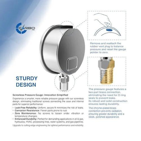 Front view of CARBO pressure gauge, 2.5-inch dial, stainless steel case, 1/4 NPT lower mount (-30 to 60 psi).