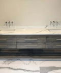 Top Tier Light Oak Reactive Water Based Wood Stain Zero VOC Heavy Duty 55 Gallon Drum on a bathroom vanity with marble top.