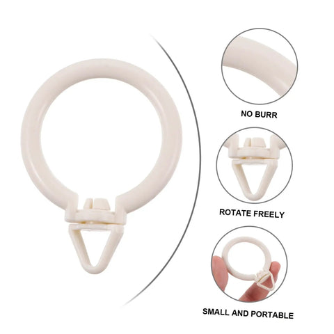 Close-up of a white plastic curtain ring with clip showing smooth edges, rotation feature, and portability; from 48 Pack Plastic Curtain Rings With Clips Smooth Glide Hanging Rings For Drapes Curtains Screens And Shower Curtains Compatible With Roman Rods Random Colors Easy To Install Durable.