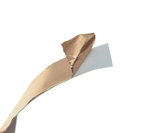 Guitar Shielding Copper Foil Paper For EMI Noise Reduction, Double Sided Conductive Shielding Roll shown peeling back adhesive