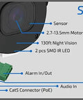 Top Shelf 32 Channel 4K Nvr Security Camera System With 24 Heavy Duty Outdoor Bullet IP Cameras showing motorized lens and audio connections.