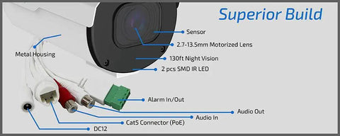 Top Shelf 32 Channel 4K Nvr Security Camera System With 24 Heavy Duty Outdoor Bullet IP Cameras showing motorized lens and audio connections.
