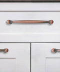 Rock Solid Brushed Antique Copper Cabinet Pulls Two Pack Three Inch Center To Center Vintage Drawer Handles For Kitchen Cupboards and Dressers Hella Durable Grip on white kitchen cabinets.