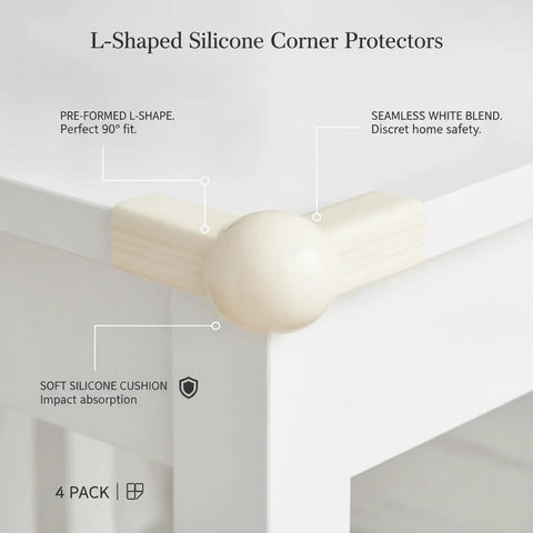 1.6 By 1.6 Inch L Shaped Silicone Corner Guards For Furniture Edges White 4 Pack shown on white table corner for protection