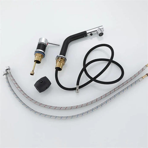 GAZOGJ Pullout Kitchen Faucet with Button Switch Flexible Hose and Modern Mixer Tap - Ivory parts including hose and connectors.
