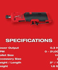 Pro Grade M12 Fuel One Quarter Inch Cordless Straight Die Grinder Bare Tool with detailed specifications on a red background.