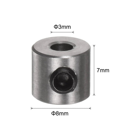 Side view of stainless steel shaft collar, 3mm bore, 8mm OD, 7mm width with set-screw hole.