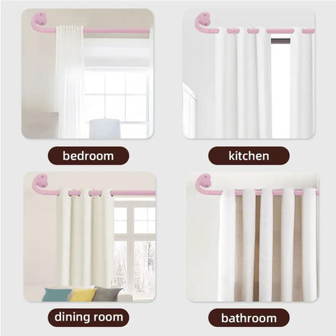 Pink Adjustable Curtain Rod Set With Three Quarter Inch Diameter Extends From 32 To 150 Inches shown in various room settings