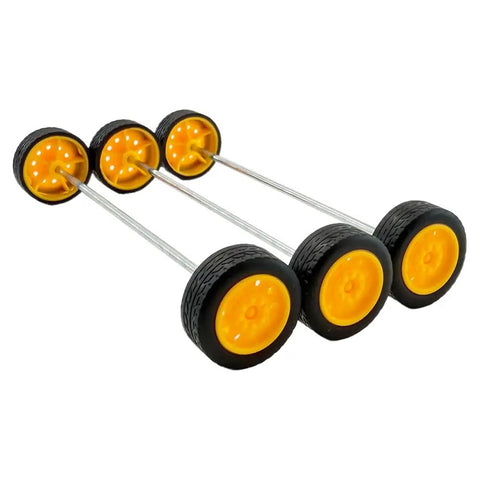 Image of Thirty Piece Small RC Car Wheel Set With Rubber Tires And 2mm Metal Axles 21mm Diameter Wheels Seven And A Half Millimeters Wide