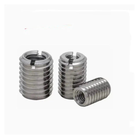 Five Pack Stainless Steel Thread Inserts for DIY Repairs and Heavy Duty Projects With M4 to M6 Slotted Rivet Nuts shown in various sizes.