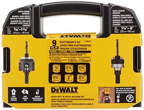DeWalt hole saw kit, 9-piece electrician's bi-metal set in yellow carrying case.