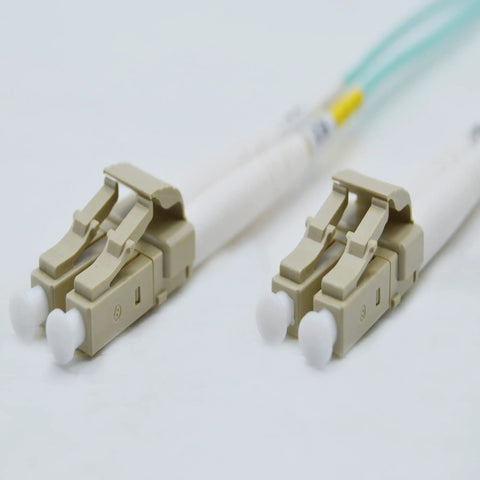 Om4 Lc To Lc Fiber Patch Cable 10Gbps Duplex Multimode 50 By 125 Micron 10 Meter with beige LC connectors.