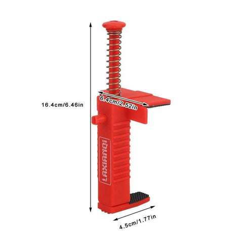 Two Piece Brick Line Puller Set With Leveling Wire Drawer Tool shown from side, red color, spring-loaded mechanism, for masonry work.