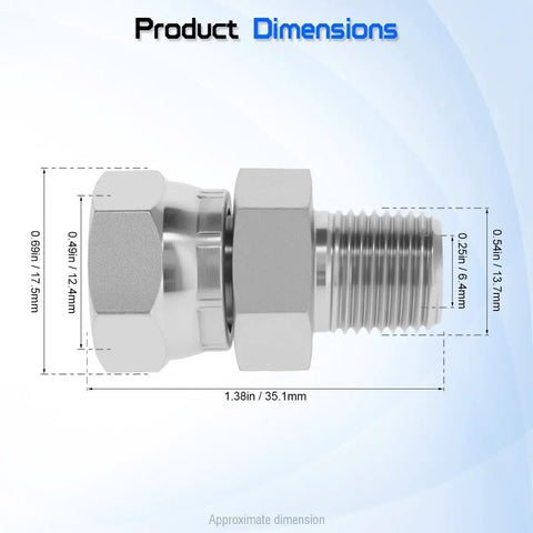 Hydraulic Swivel Adapter 1/4 Inch NPTF Male To 1/4 Inch NPSM Female 360 Degree Swivel For Tight Spaces No Fuss Alignment Anti Kink Design Durable Steel Construction High Flow Quick Connect dimensions