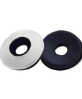 Front view of bonded sealing washers: stainless steel and black neoprene/EPDM, 9/16 in inner hole.