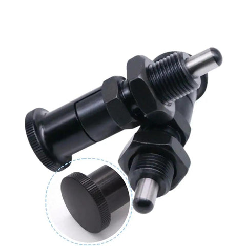 Rock Solid Push Fit Ball Nose Carbon Steel Spring Knob Plunger With Self Locking Retractable Index Pin For Heavy Duty Industrial Positioning And Fixing Hardware M10 Thread view showing durable black carbon steel build and retractable pin.