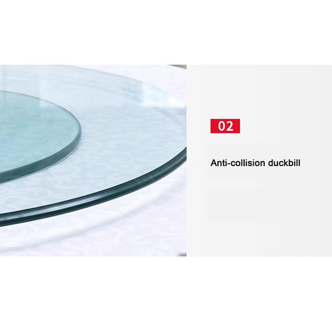 Close-up of Large Transparent Round Lazy Susan Turntable glass edge with anti-collision duckbill for dining table and kitchen